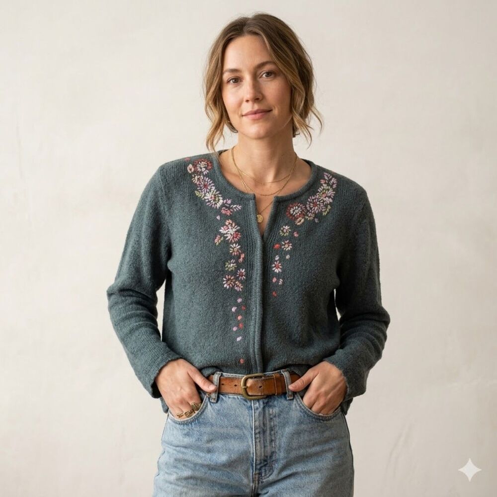 Vintage 90s Sigrid Olsen Embroidered Floral Cardigan Sweater M Gray Cottagecore